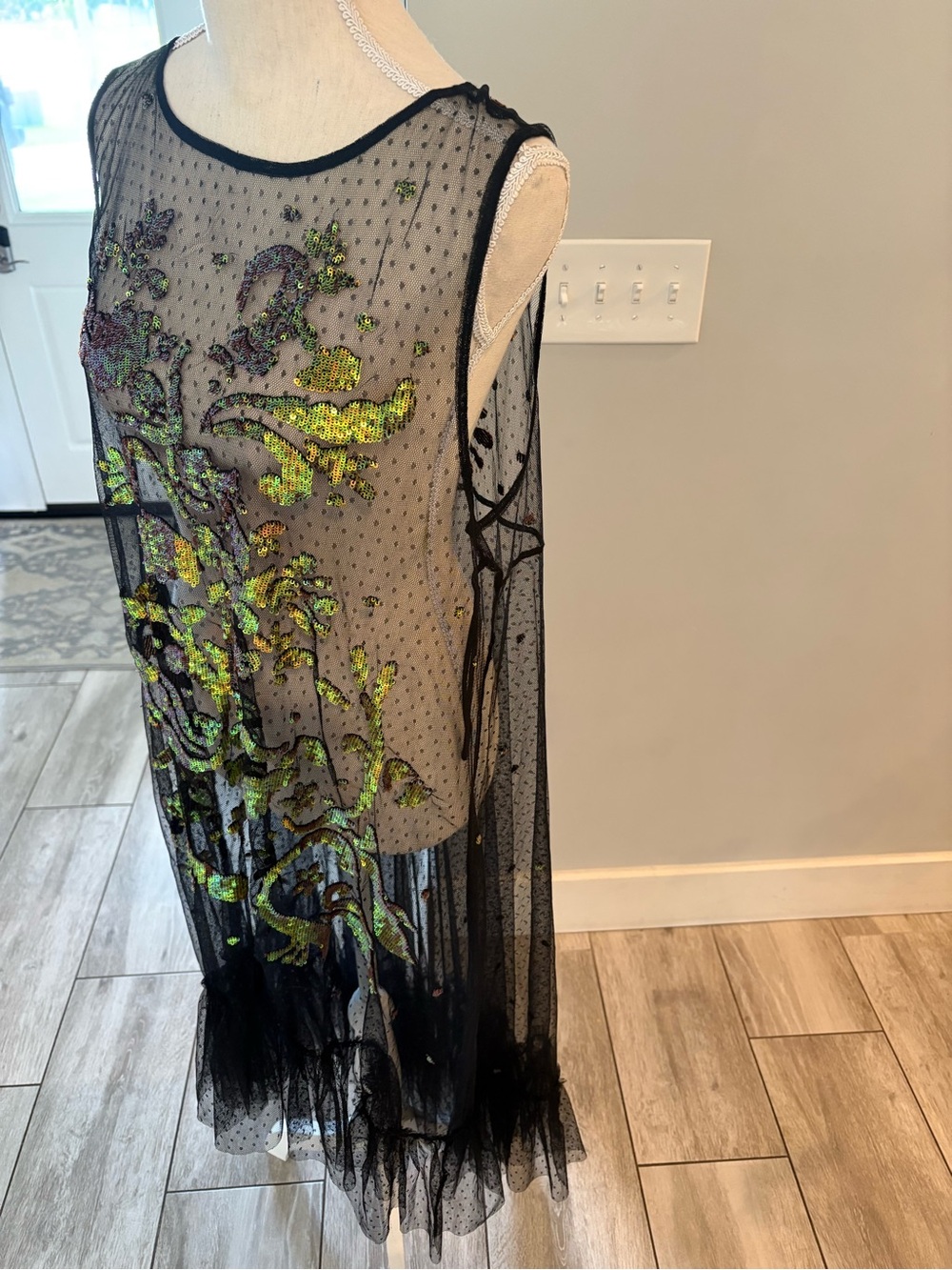 Free People Festival Black Sheer Mesh Dress with Green Sequin Embroidery, boho - Picture 4 of 11